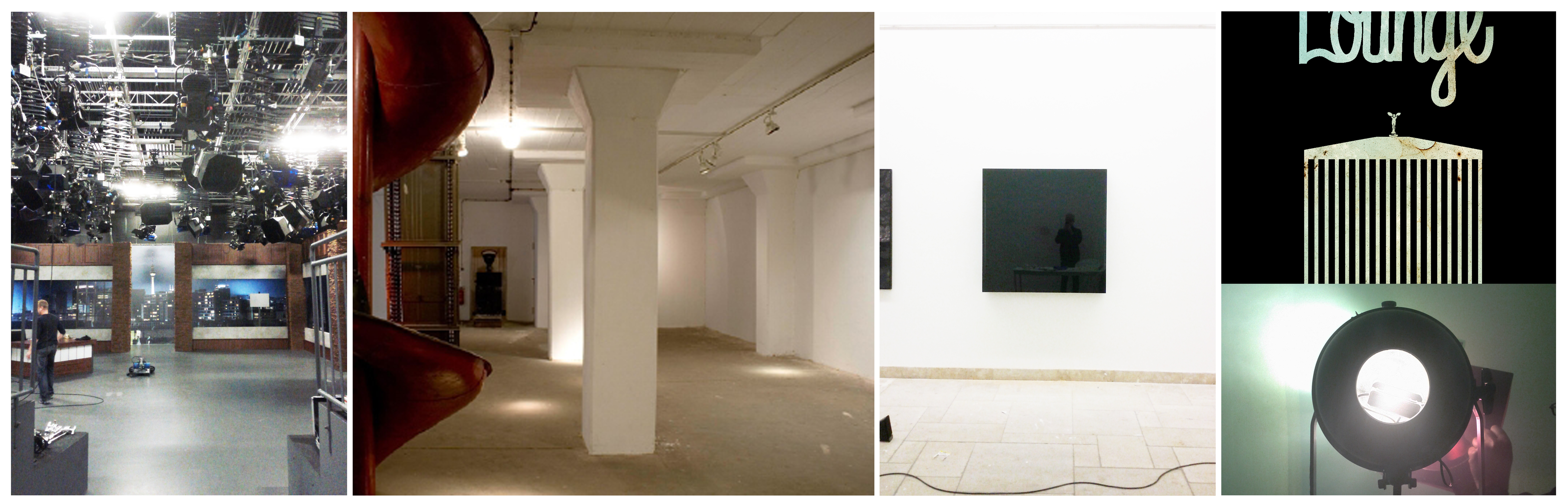 Collage documenting television-set work, exhibition preparation, gallery installation, and studio production