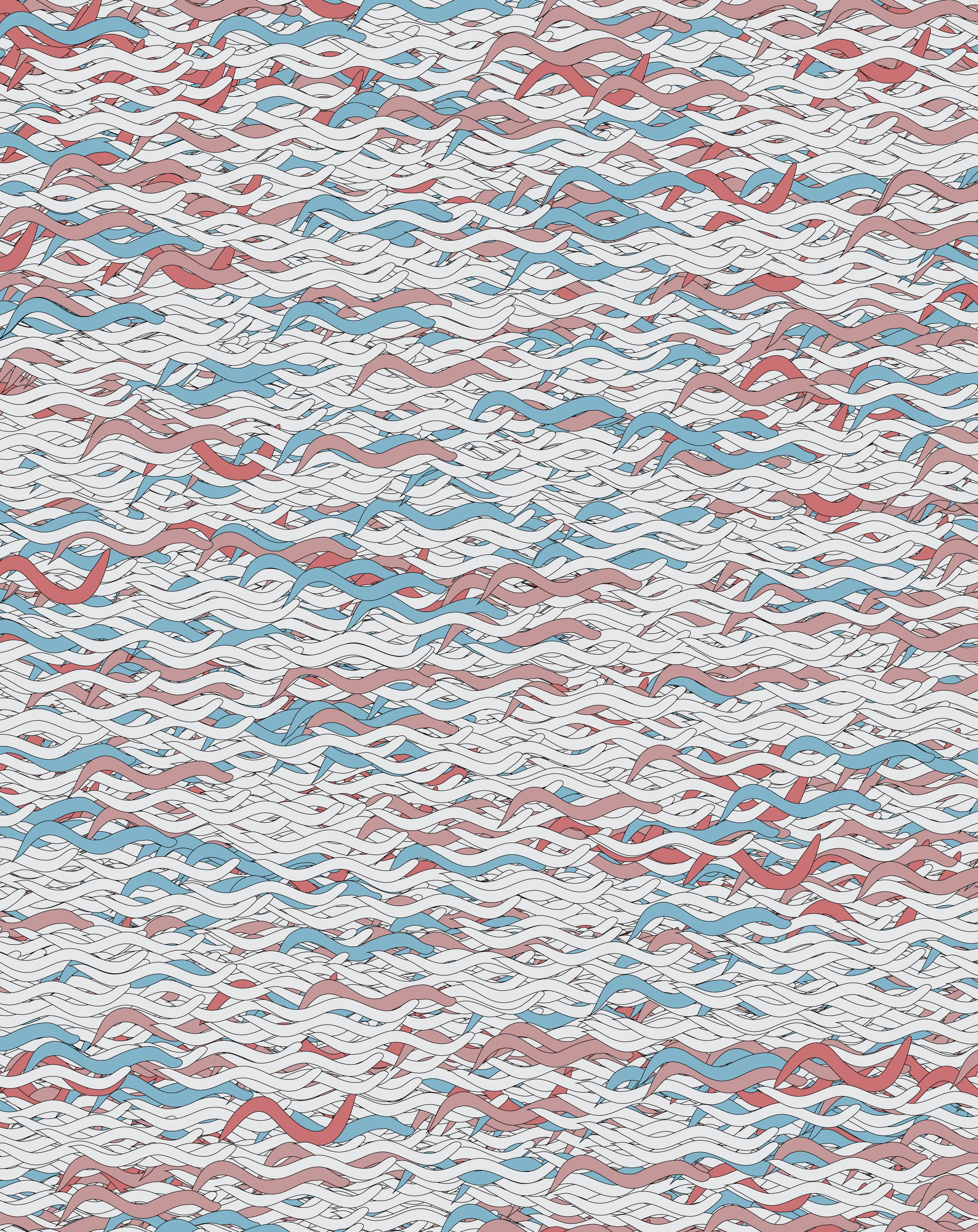 Illustration of many interwoven stylized worms in a restrained red, blue, and gray palette