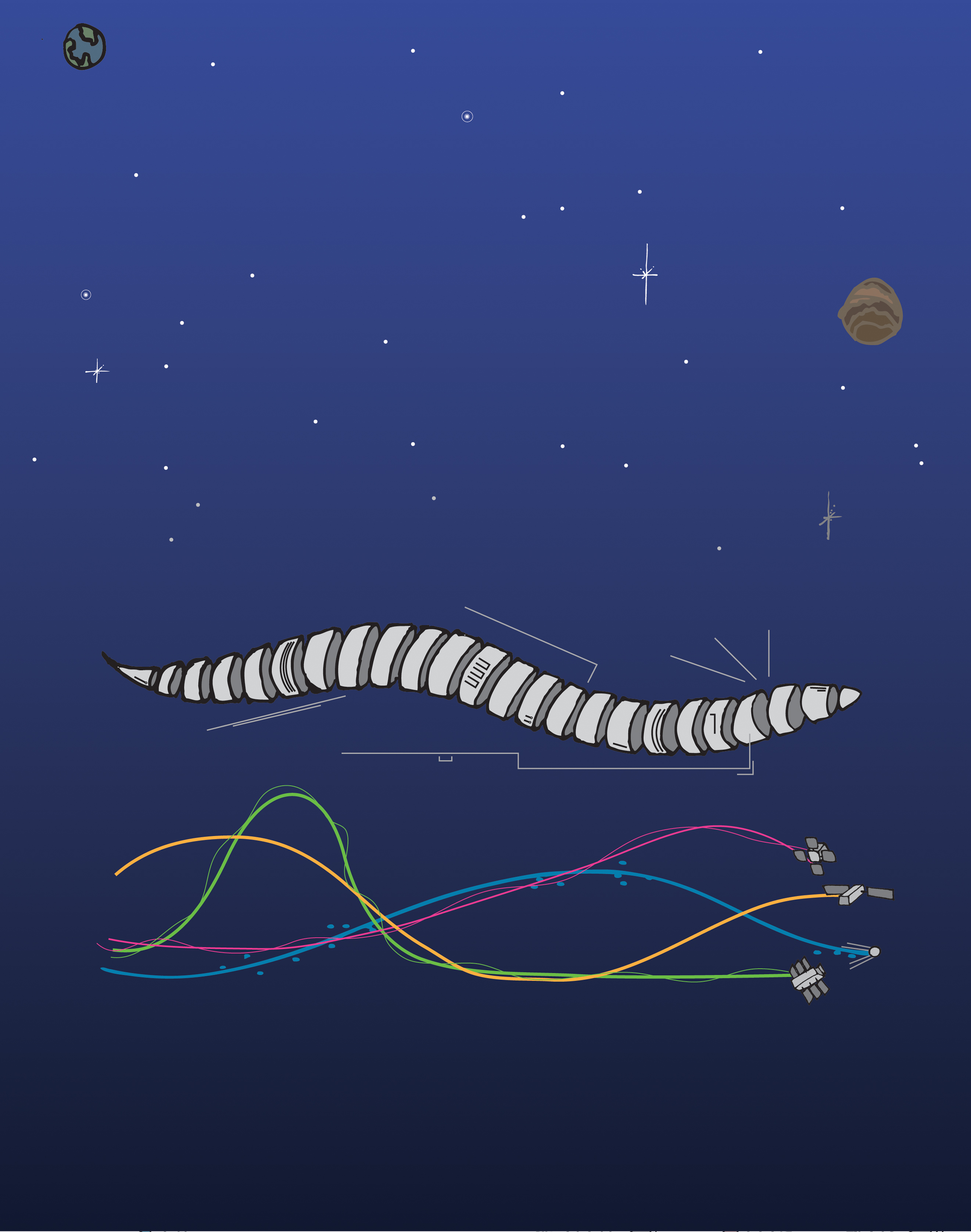 Illustration of a segmented worm above intersecting colored expression curves on a deep blue background