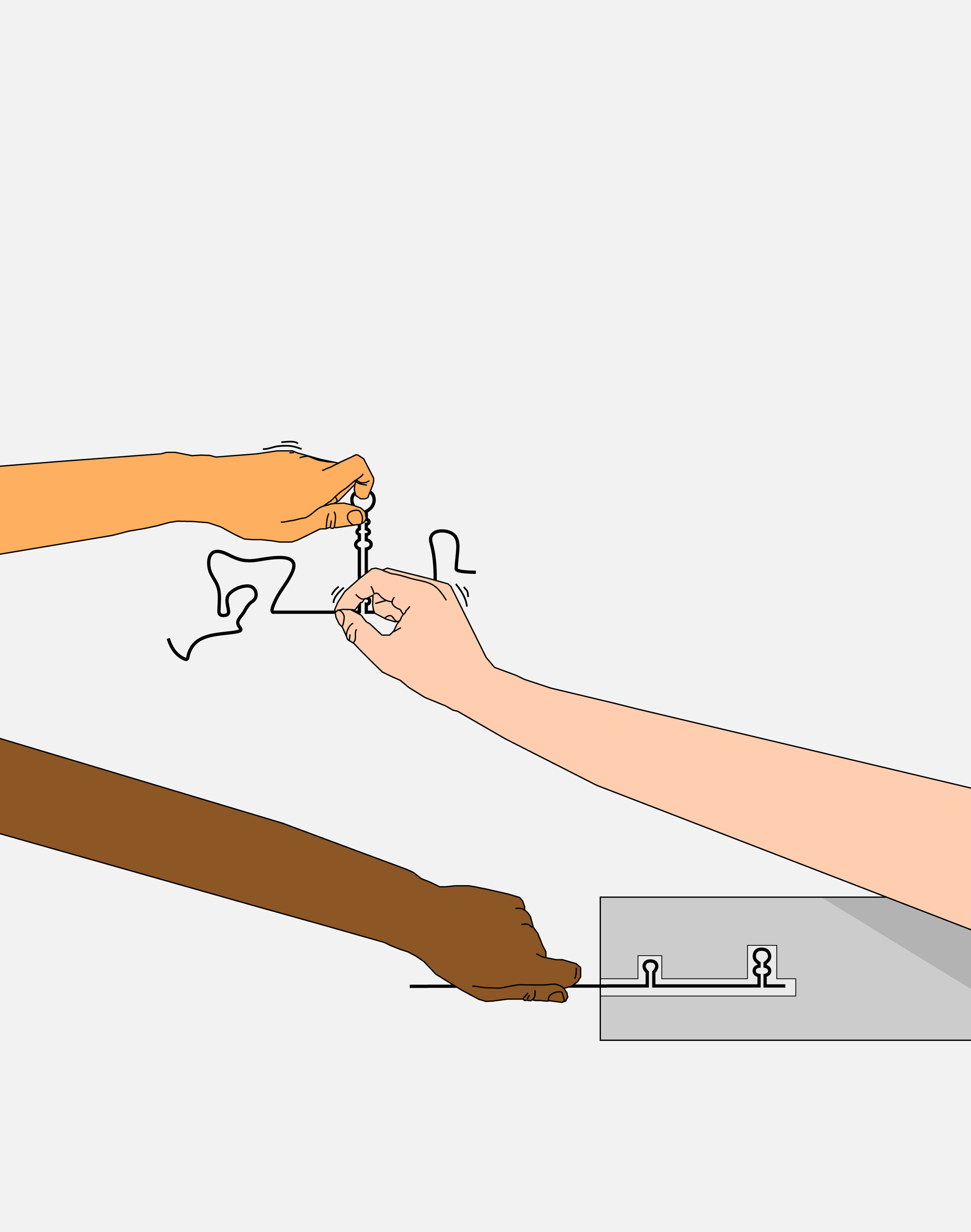 Illustration in which several hands manipulate an RNA strand through a small molecular mechanism